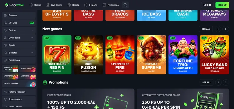 LuckyWave casino lobby showing new games and first deposit promotions LuckyWave casino lobby showing new games and first deposit promotions